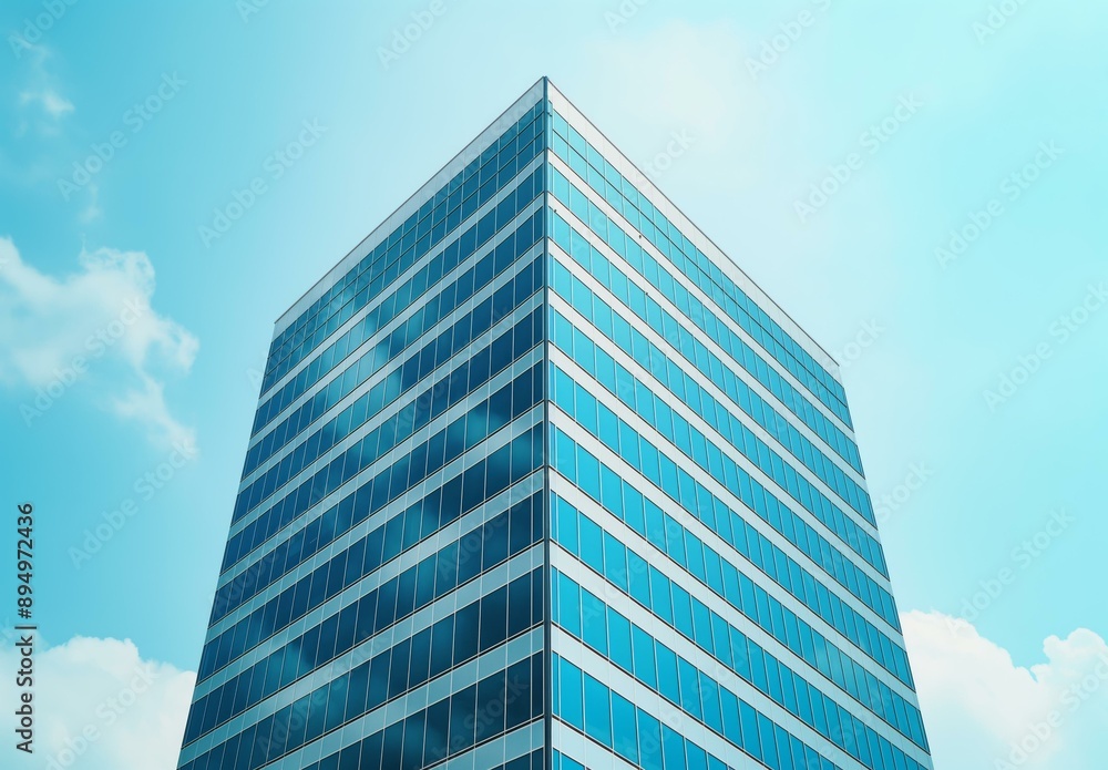 A tall building with blue glass windows against the clear sky. A tall building with blue glass windows against the clear sky.