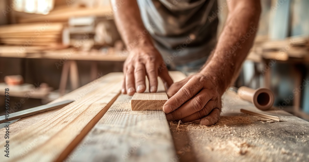 A close-up image of a carpenter's hands working on wood planks in a workshop. A close-up image of a carpenter's hands working on wood planks in a workshop.