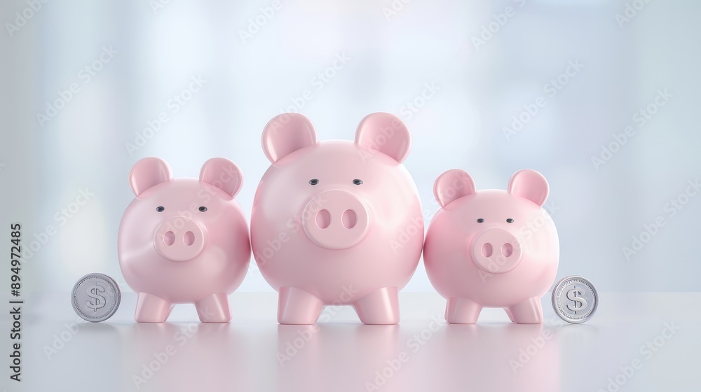 Three pink piggy banks are lined up on a table with a silver coin in the middle. Concept of saving money and the importance of financial responsibility Three pink piggy banks are lined up on a table with a silver coin in the middle. Concept of saving money and the importance of financial responsibility