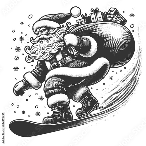 Santa Claus snowboarding with a sack of gifts, surrounded by snowflakes. Fun and festive winter scene sketch engraving generative ai vector illustration. Scratch board imitation. Black and white image