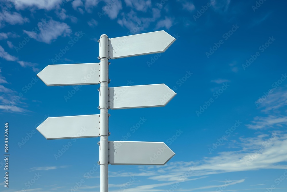 Image of five blank white road signs pointing in different directions against a bright blue sky with scattered clouds. Image of five blank white road signs pointing in different directions against a bright blue sky with scattered clouds.