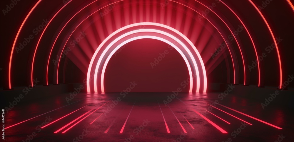 A red glowing arch with light beams in a dark space. A red glowing arch with light beams in a dark space.