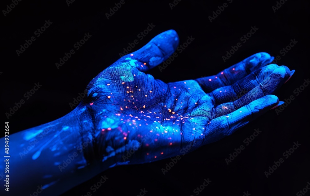 Fototapeta premium A hand covered in glowing blue paint with specks of pink, set against a black background.