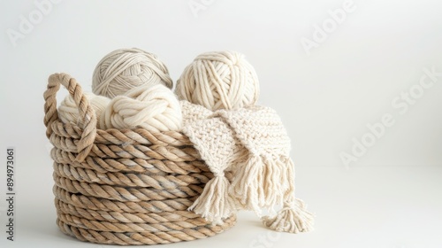 Macrame braiding with cotton threads in a basket on a white background for crafts advertising