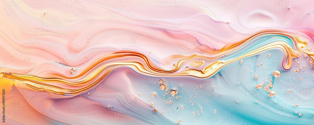 Abstract art painting in pink, blue, and gold with flowing lines.