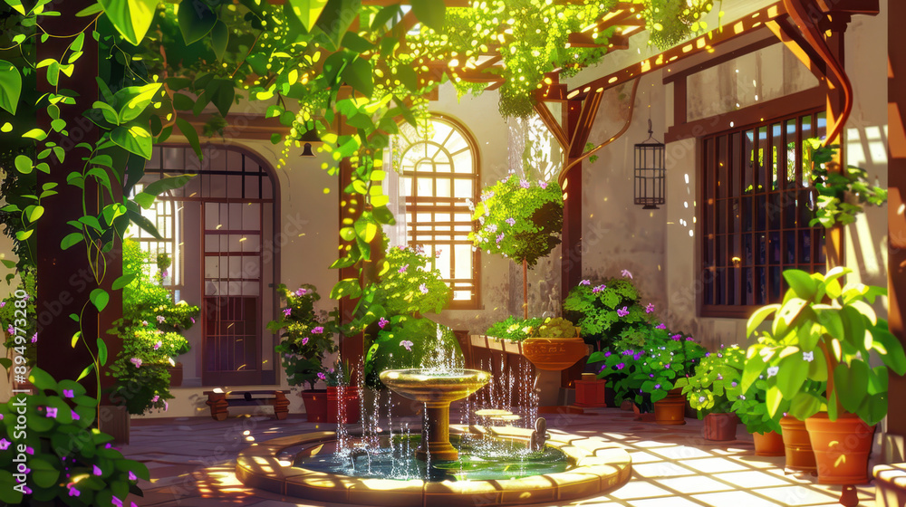 Tranquil courtyard garden with a fountain surrounded by vibrant flowers and lush greenery, illuminated by soft sunlight Tranquil courtyard garden with a fountain surrounded by vibrant flowers and lush greenery, illuminated by soft sunlight