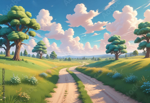 Cartoon grassland with a winding road under a bright blue sky, cheerful colors, playful scenery, animated style.