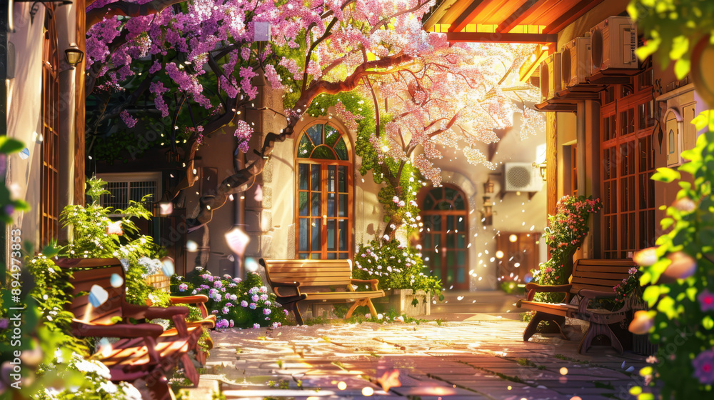 Fototapeta premium Serene courtyard with blooming cherry trees and vibrant flowers, showcasing benches and sunlight filtering through greenery