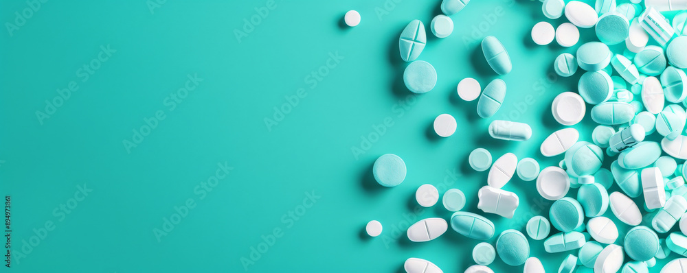 A cluster of pills and capsules creating a corner frame on a turquoise background, with the rest of the space open for text. The cool turquoise hue provides a refreshing look. A cluster of pills and capsules creating a corner frame on a turquoise background, with the rest of the space open for text. The cool turquoise hue provides a refreshing look.