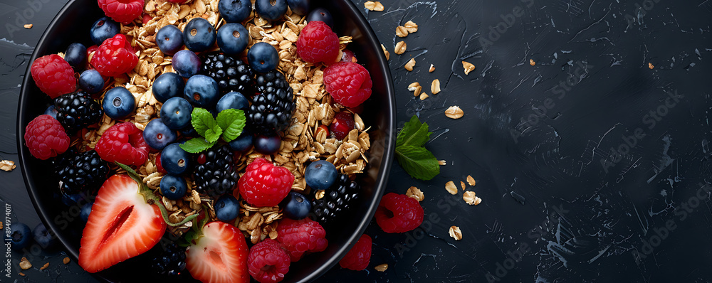 top view Muesli with fruits served in bowl on plain background with space for text. top view Muesli with fruits served in bowl on plain background with space for text.