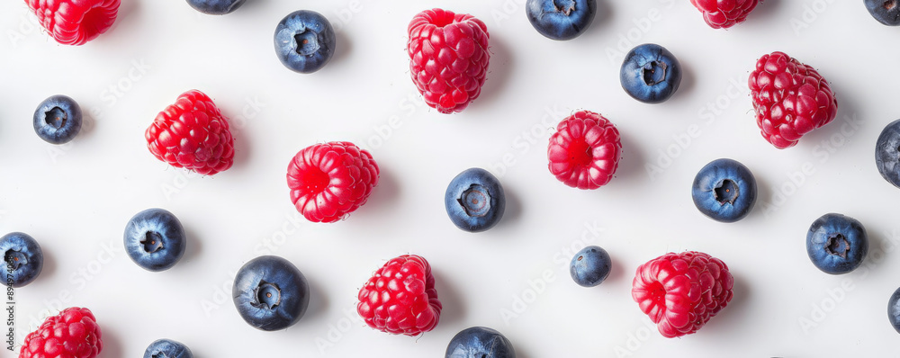 Organic ripe berries, including raspberries and blueberries, laid out on a white background, viewed from above. Organic ripe berries, including raspberries and blueberries, laid out on a white background, viewed from above.