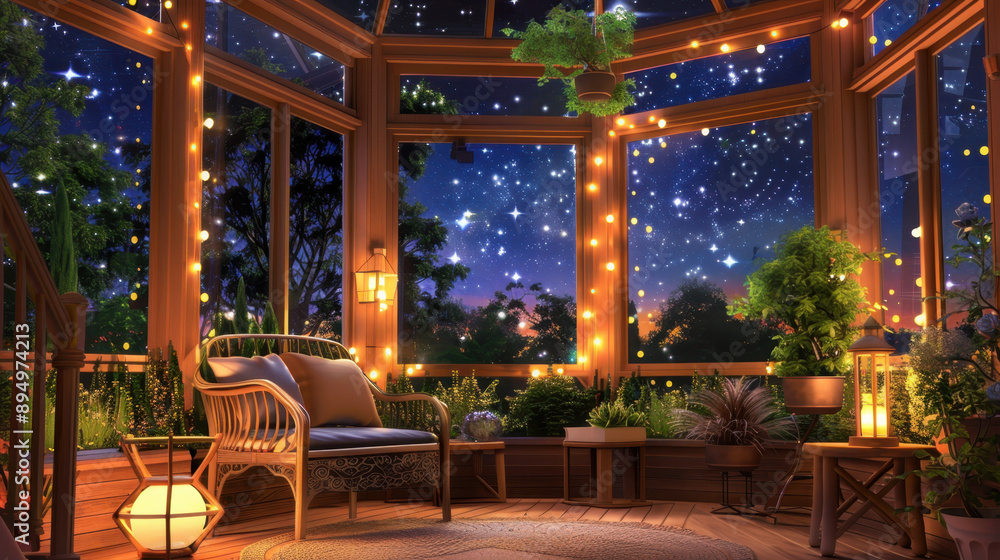 Fototapeta premium Cozy and inviting indoor garden with soft lighting, showcasing plants and decor under a starry night sky