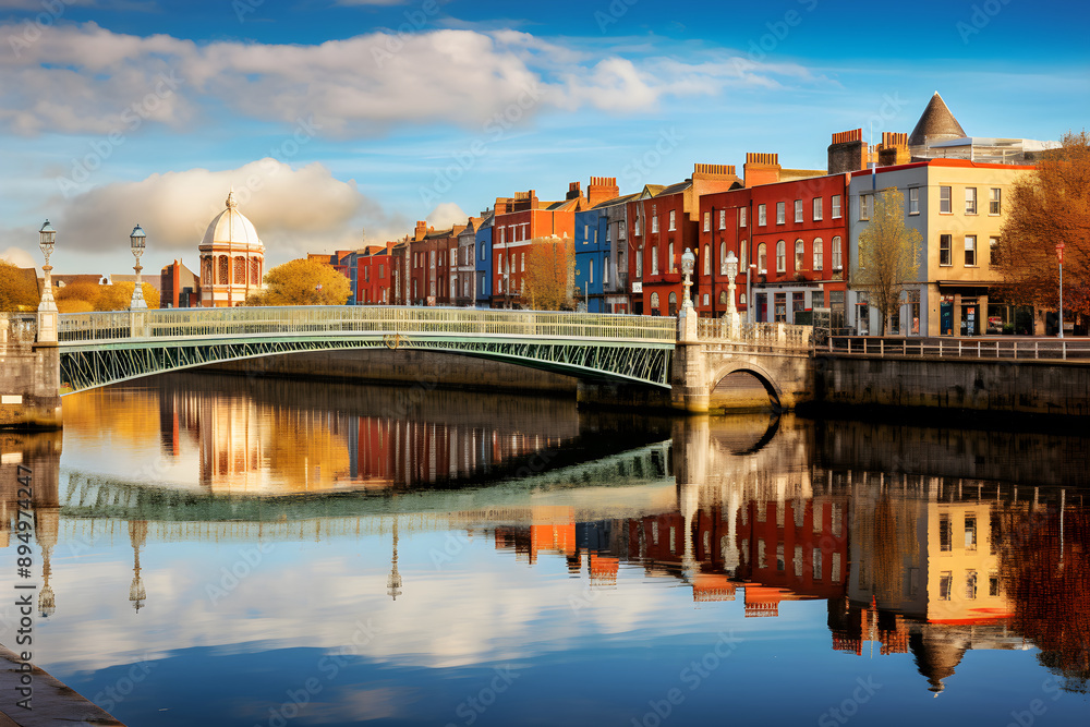Obraz premium Dublin Cityscape: A Blend of Historical Landmarks and Modern Achievements against the Magic of Sunrise/Sunset