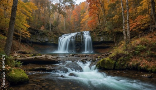 Waterfall in forest with autumn foliage surroundings