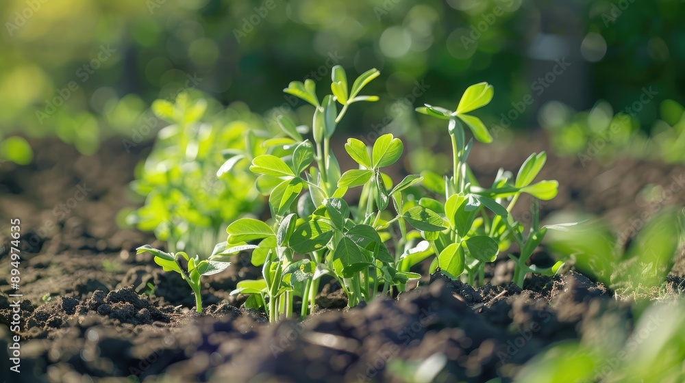Selective focus on young pea plants in a spring garden Selective focus on young pea plants in a spring garden