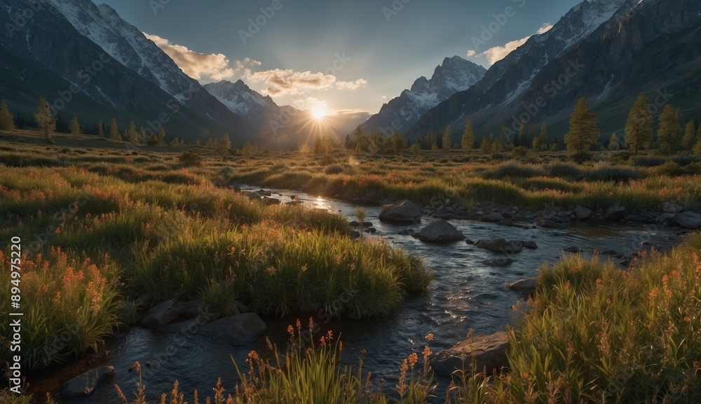 Obraz premium Serene river flowing through mountain valley at sunset