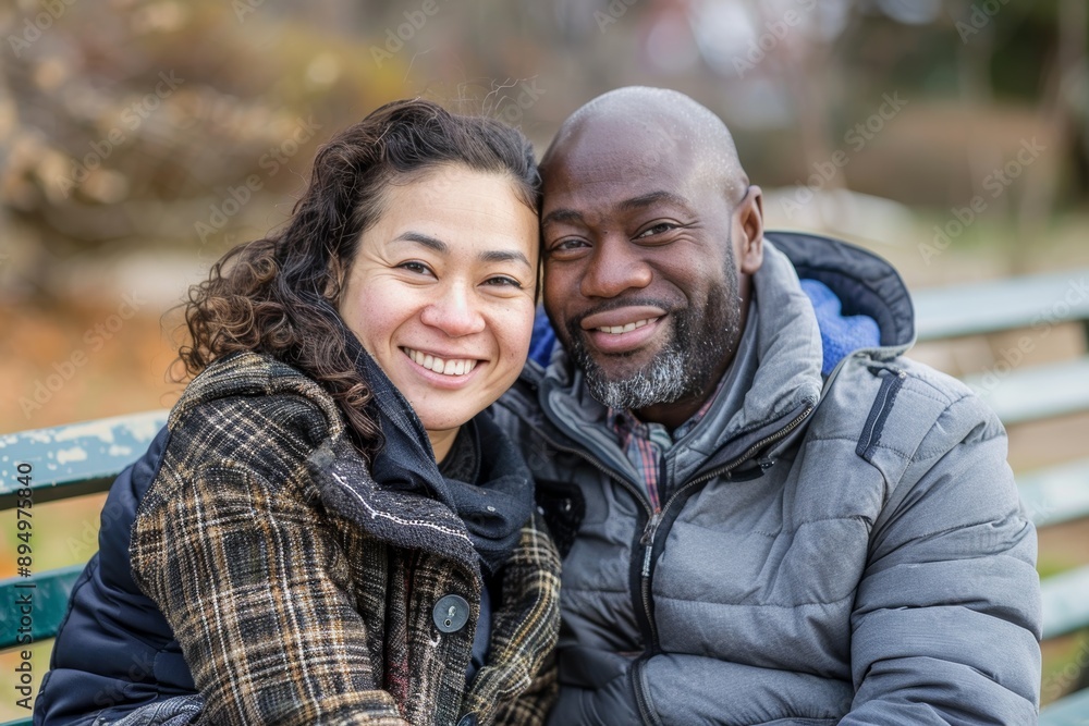 Portrait of a smiling multicultural couple in their 30s sitting on bench Portrait of a smiling multicultural couple in their 30s sitting on bench