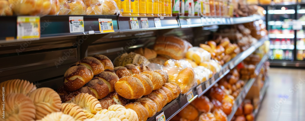 A grocery store aisle with a variety of breads, rolls, and baked goods on display. A grocery store aisle with a variety of breads, rolls, and baked goods on display.
