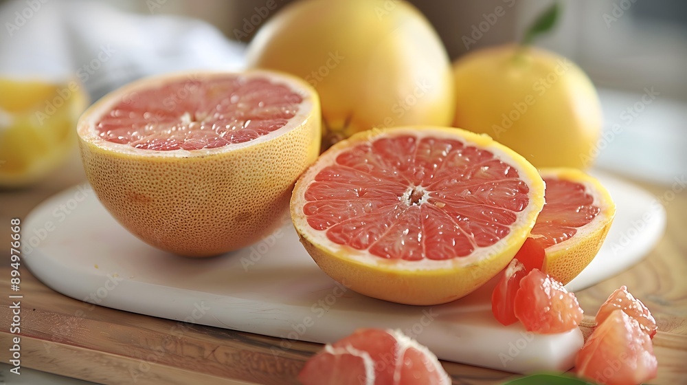 Freshly Cut Ripe Grapefruit on a White Cutting Board Freshly Cut Ripe Grapefruit on a White Cutting Board