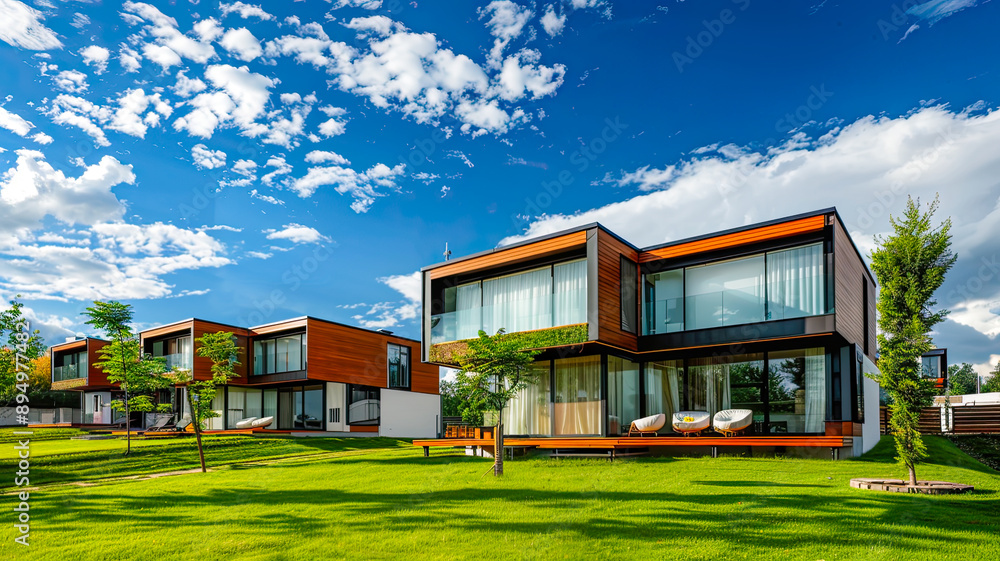 Modulare Häuser moderner Architektur, blauer Himmel, weiße Wolken und grüne Bäume Modulare Häuser moderner Architektur, blauer Himmel, weiße Wolken und grüne Bäume