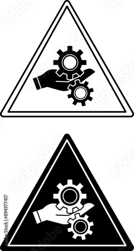 Entanglement Hazard Signs. Black and White Vector Icons. Hand Got Tangled in Rotating Gears. Hand injury. Danger Warning Sign