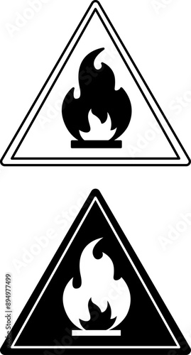 Flammable signs. Black and White Vector Icons. Fire safety. Danger Warning Sign