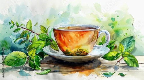 Freshly brewed green tea in a cup, detox drink, watercolor style, isolated on white background