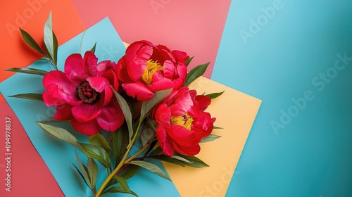 Innovative arrangement of red peony flower and colorful paper for text and cards Studio photography