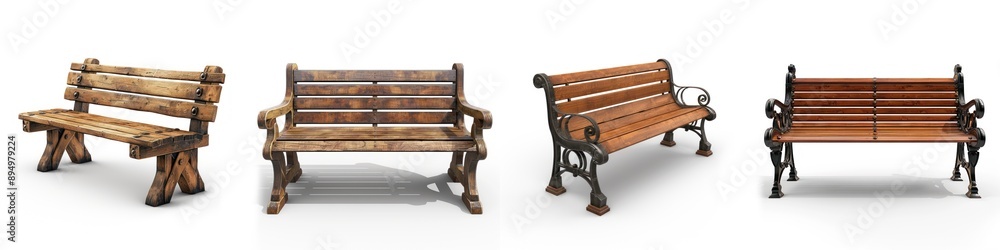 A collection of four distinct wooden benches, showcasing diverse designs and textures, ideal for outdoor and park settings. A collection of four distinct wooden benches, showcasing diverse designs and textures, ideal for outdoor and park settings.