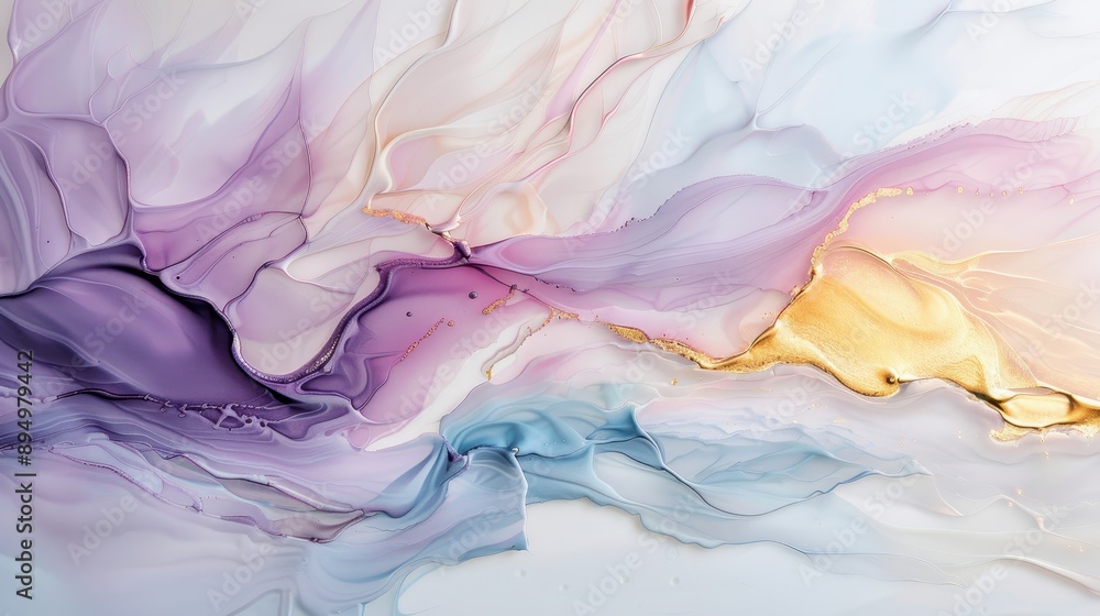 Obraz premium The painting is a beautiful abstract piece with a mix of purple and gold colors. The colors are blended together to create a sense of movement and flow, giving the painting a dreamy