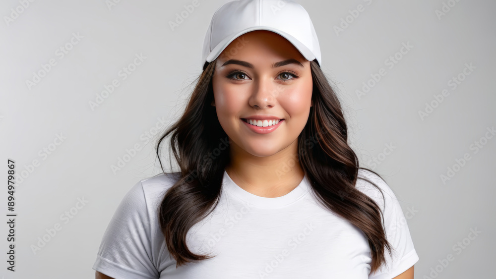 Plus size young woman wearing white t-shirt and white baseball cap isolated on grey background