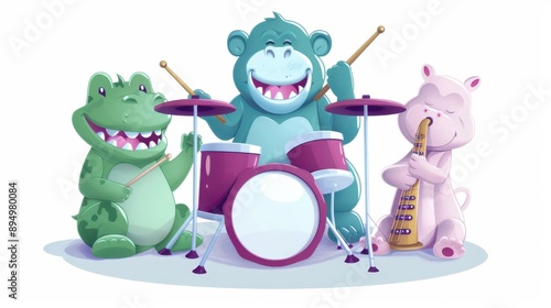 Three cartoon animals are playing instruments, with one holding a drum. The scene is lighthearted and fun, with the animals likely performing for an audience photo