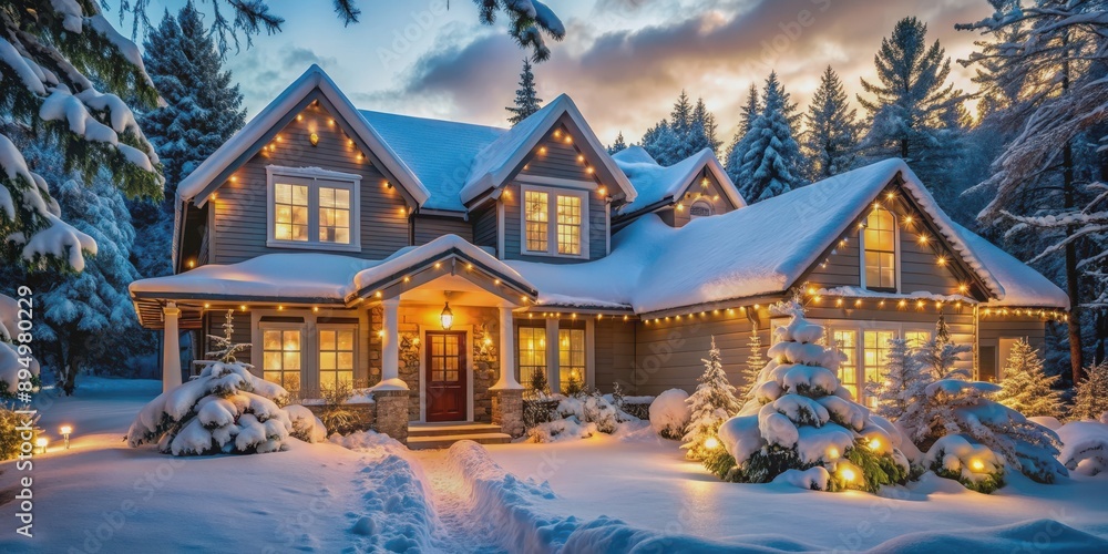 Cozy winter wonderland house with snow-covered landscape and holiday lights, cozy, winter, wonderland, house Cozy winter wonderland house with snow-covered landscape and holiday lights, cozy, winter, wonderland, house