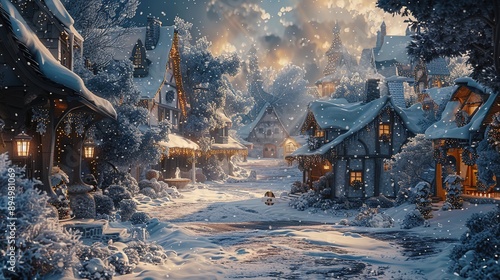 Picturesque view of snowy mountains and houses located on shore against sky in winter