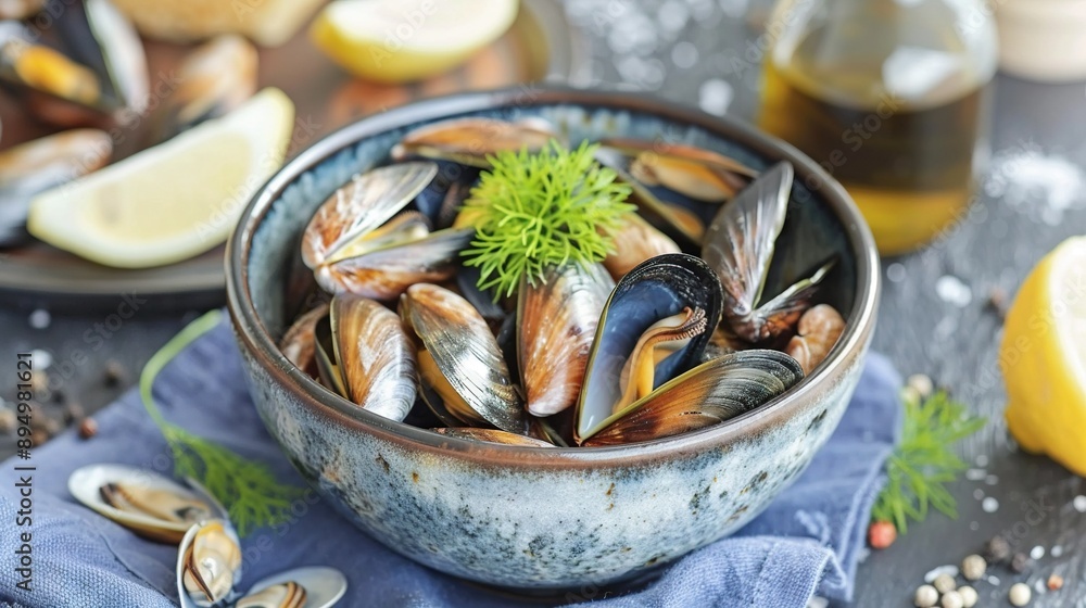 Bowl of mussels on blue cloth, beside lemon slices & wine Bowl of mussels on blue cloth, beside lemon slices & wine