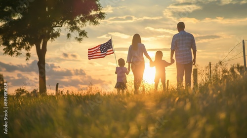 A patriotic American family walks together towards the sunset holding an American flag
