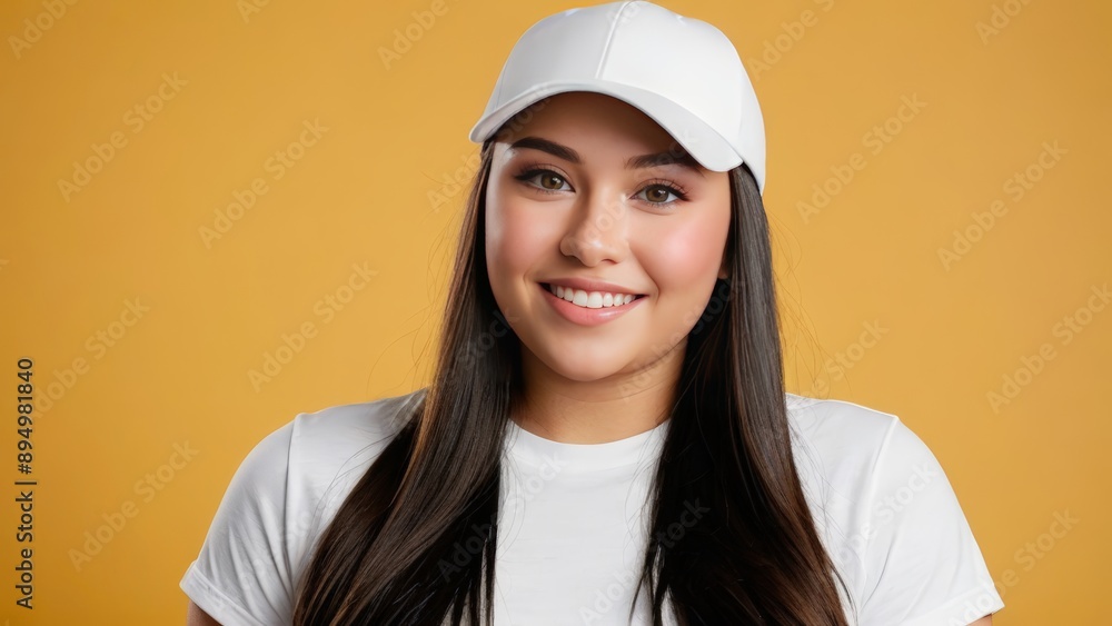 Plus size young woman wearing white t-shirt and white baseball cap isolated on yellow background Plus size young woman wearing white t-shirt and white baseball cap isolated on yellow background