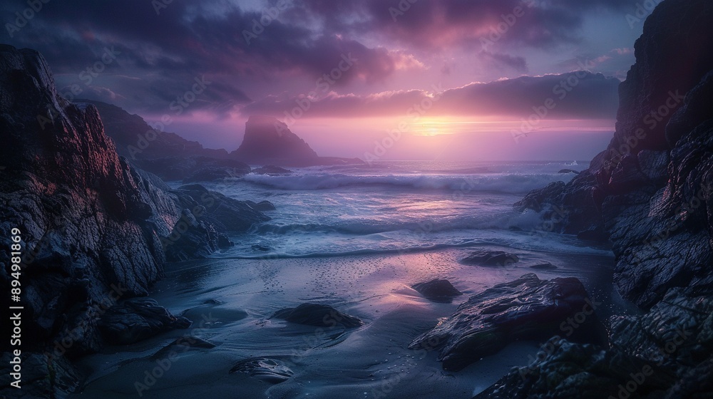 Fototapeta premium beach at dark foggy sunset