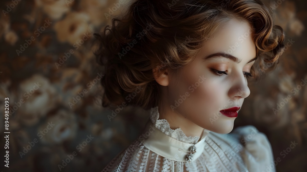 Fototapeta premium Woman with Vintage Style: A woman dressed in vintage clothing, her hair and makeup reflecting a bygone era. 