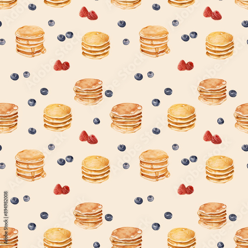Seamless pattern with pancakes and fresh berries on cream background.	