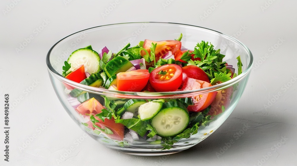 A glass bowl brimming with a refreshing mix of tomatoes, cucumber, lettuce, and thinly sliced cucumber A glass bowl brimming with a refreshing mix of tomatoes, cucumber, lettuce, and thinly sliced cucumber