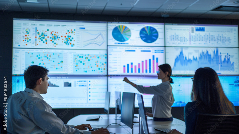 Fototapeta premium data analysts working with complex visualizations on large screens