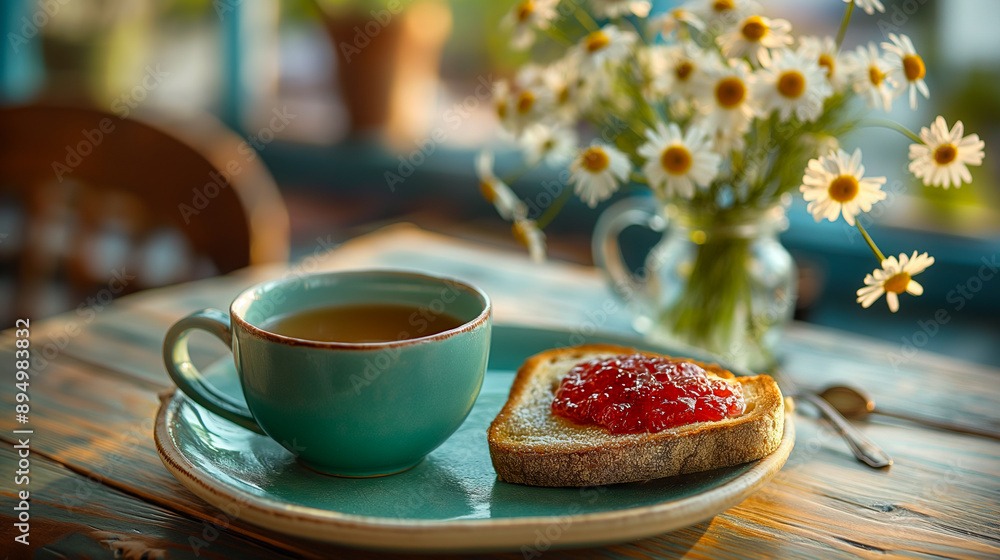 a beautifully styled breakfast scene with a cup of green tea, a slice of toast with jam, and a small vase of daisies a beautifully styled breakfast scene with a cup of green tea, a slice of toast with jam, and a small vase of daisies