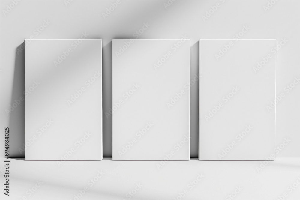 Three blank white canvases positioned side by side against a seamless white wall, creating a minimalist and clean aesthetic. The canvases are perfectly aligned, their surfaces pristine and ready for a Three blank white canvases positioned side by side against a seamless white wall, creating a minimalist and clean aesthetic. The canvases are perfectly aligned, their surfaces pristine and ready for a