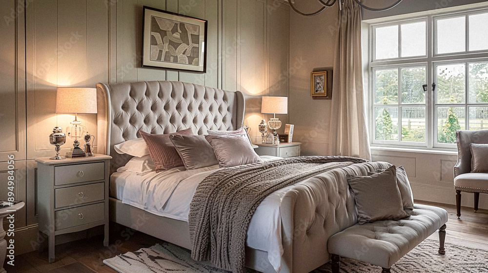 Fototapeta premium Bedroom decor, interior design and home decor, bed with elegant bedding and bespoke furniture, English country house, holiday rental and cottage style inspiration