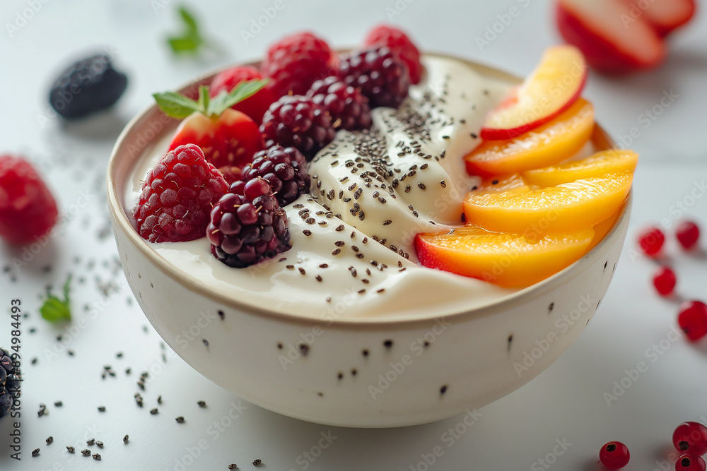 a minimalist breakfast scene with a bowl of yogurt, sliced fruits, and a sprinkle of chia seeds, set against a white background a minimalist breakfast scene with a bowl of yogurt, sliced fruits, and a sprinkle of chia seeds, set against a white background