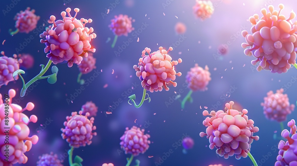 A close-up of vibrant pink flowers on a blue and purple backdrop, against a blue sky A close-up of vibrant pink flowers on a blue and purple backdrop, against a blue sky