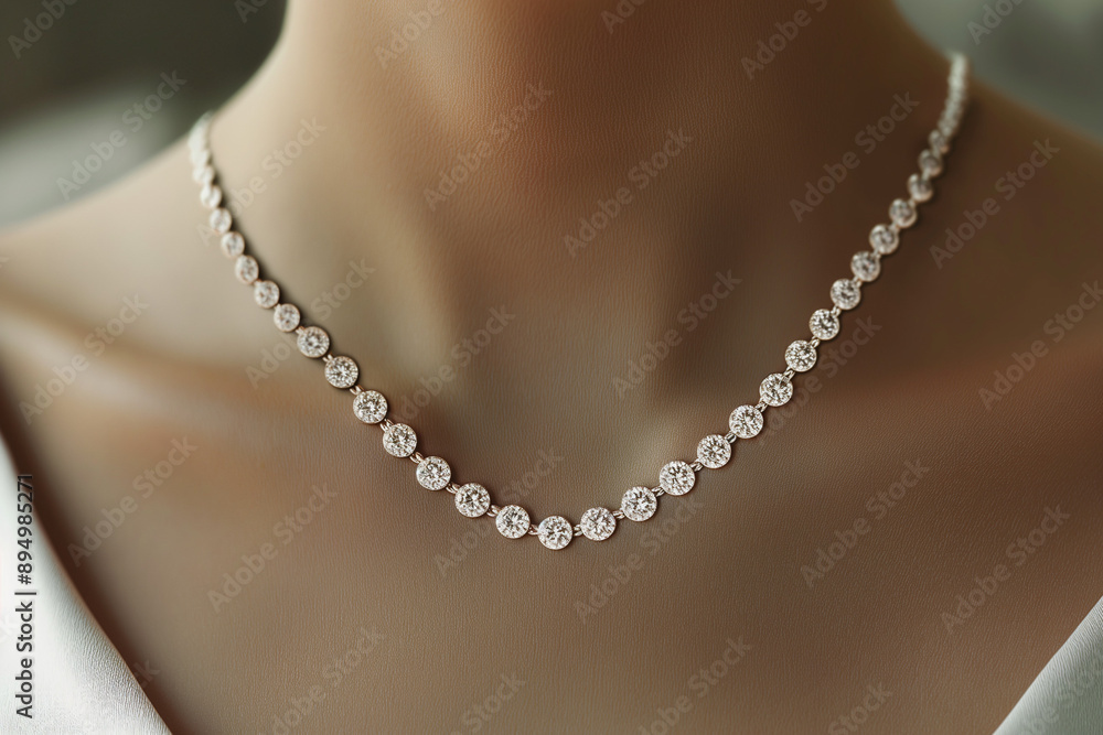 Woman wearing luxury jewelry, platinum necklace with diamonds close-up, golden necklace on female neck, beautiful diamond pendant necklace, beauty, people and jewelry concept Woman wearing luxury jewelry, platinum necklace with diamonds close-up, golden necklace on female neck, beautiful diamond pendant necklace, beauty, people and jewelry concept