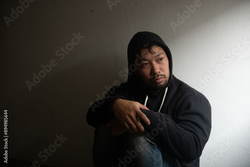 adult man junkie Sitting blankly in a dark room near the window. with depression and feelings of fear photo