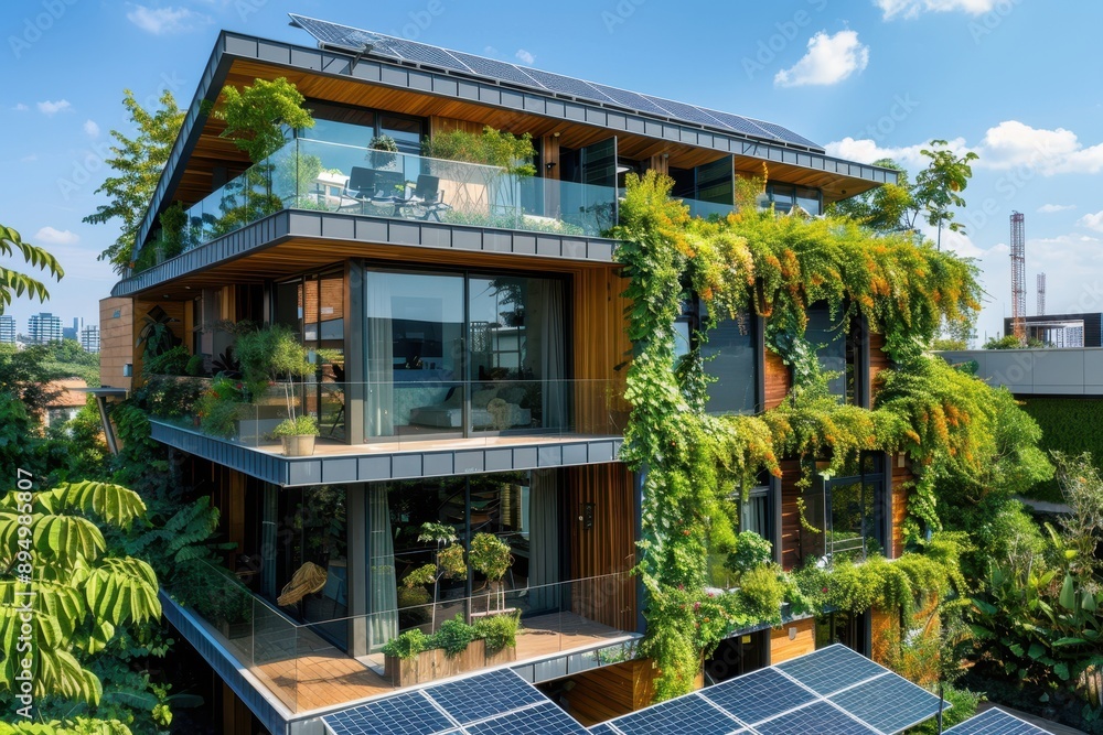 Obraz premium A large house with a green roof and ivy growing on it